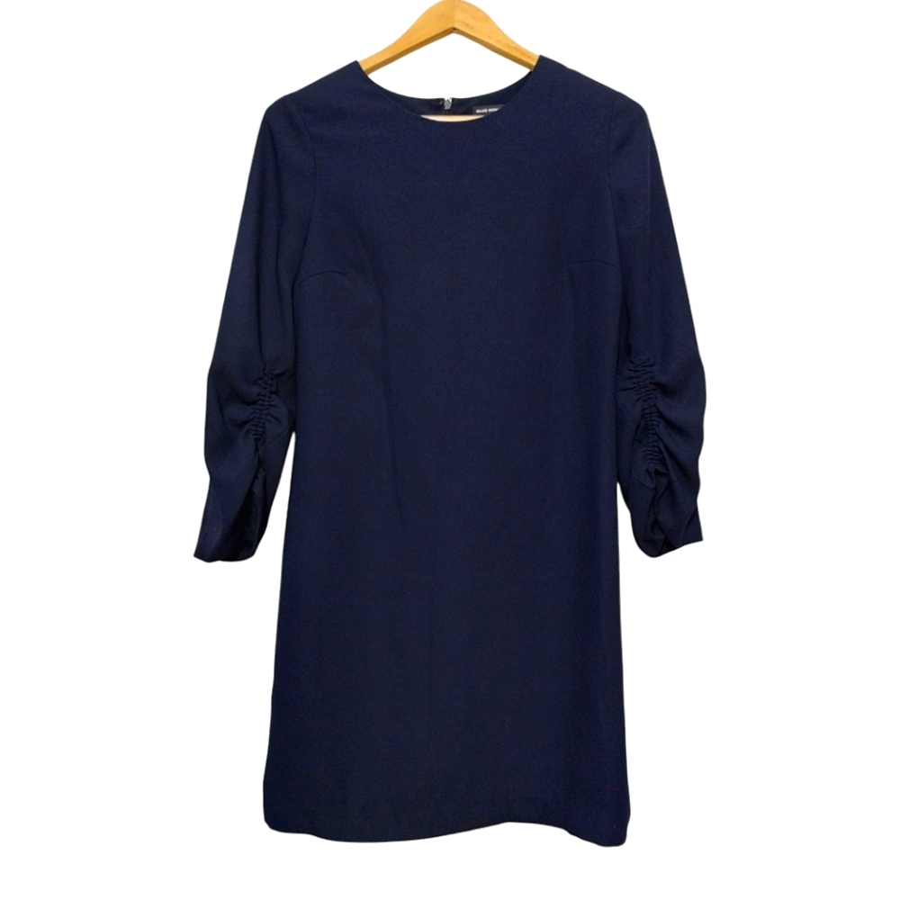 Club Monaco Luciena Dress Women's 6 Navy Blue Shift Dress 3/4 Sleeves Ruched